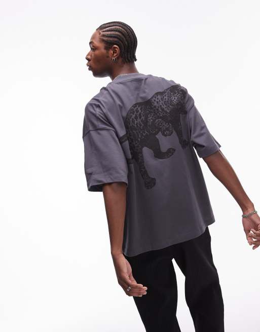 Topman - T-shirt super oversize premium antracite con leopardo ricamato sul davanti e sul retro, 3 di 4