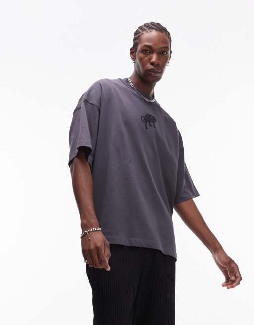Topman - T-shirt super oversize premium antracite con leopardo ricamato sul davanti e sul retro, 4 di 4