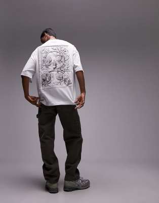Topman - T-shirt ultra oversize avec empiècement ornementé en toile sur le devant et dans le dos - Blanc