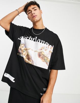Homme Topman - T-shirt ultra oversize avec encadré à imprimé Michel-Ange sur la poitrine - Noir
