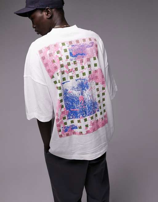 Topman - T-shirt ultra oversize avec imprimé carrés et fleurs devant et au dos - Blanc