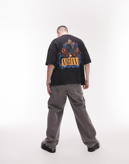 Topman - T-shirt ultra oversize avec imprimé Nirvana à fleurs au dos et sur le devant - Noir délavé