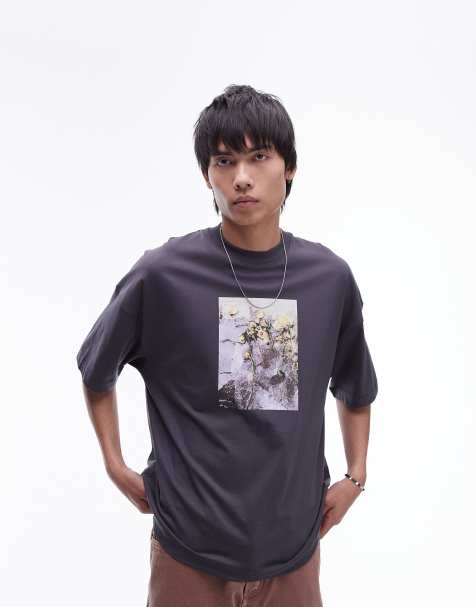 Topman - T-shirt ultra oversize de qualité supérieure avec imprimé fleurs gelées - Anthracite - view 1