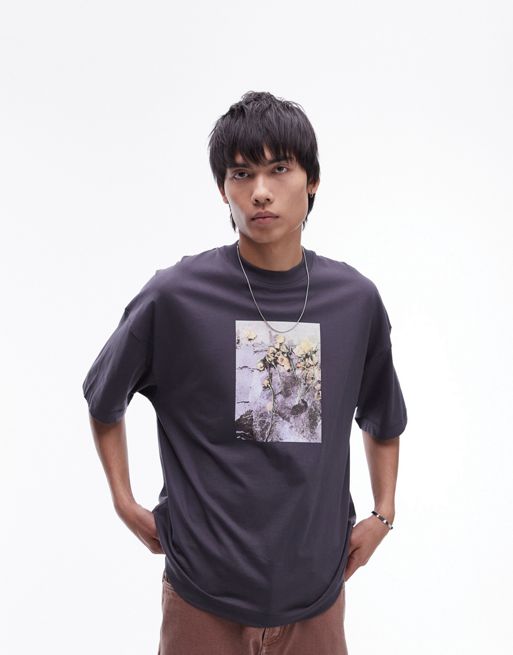 Topman - T-shirt ultra oversize de qualité supérieure avec imprimé fleurs gelées - Anthracite