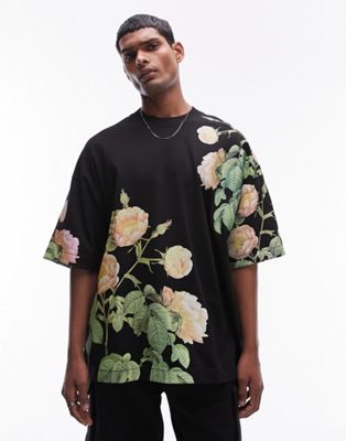Topman premium extreme oversized fit t-shirt with all over floral print in black - ASOS Price Checker