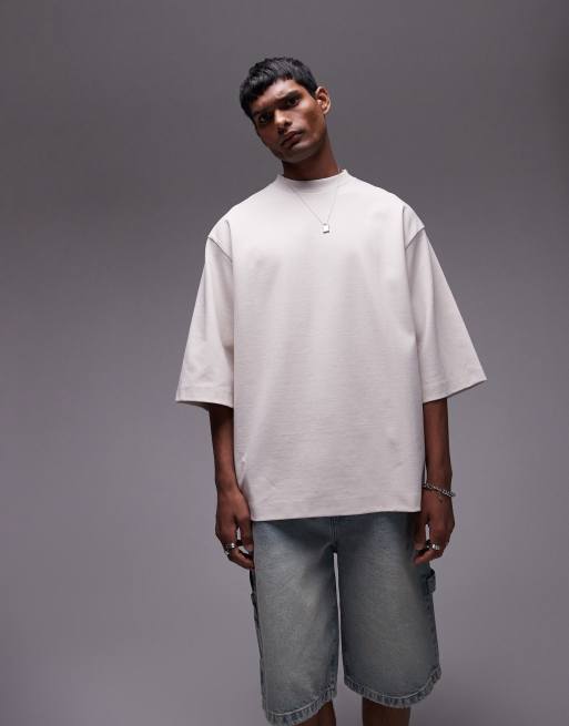 Topman - T-shirt van premium zware 300g/m² stof met oversized pasvorm en halflange mouwen in lichtbeige