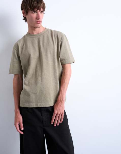 Topman - T-shirt van zware premiumstof met cropped pasvorm in kaki - view 1