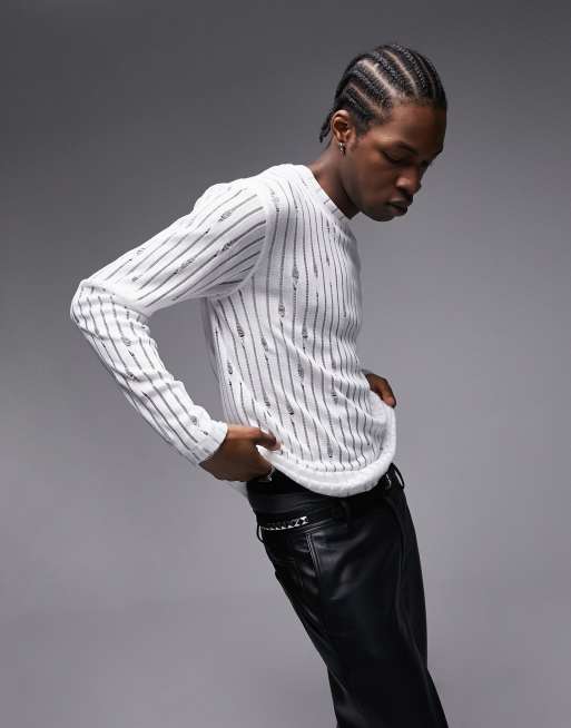 Topman - T-shirt vestibilità classica a maniche lunghe bianca con dettaglio smagliato