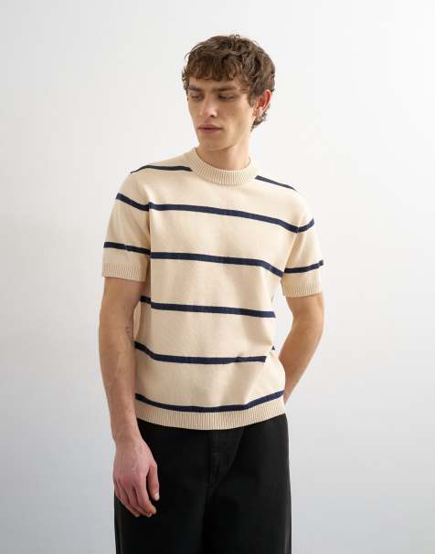 Topman - T-shirt vestibilità classica in maglia a righe color crema - view 1