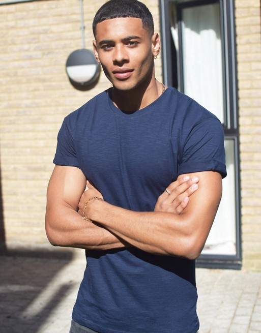 Topman t-shirt with rolled sleeves in navy