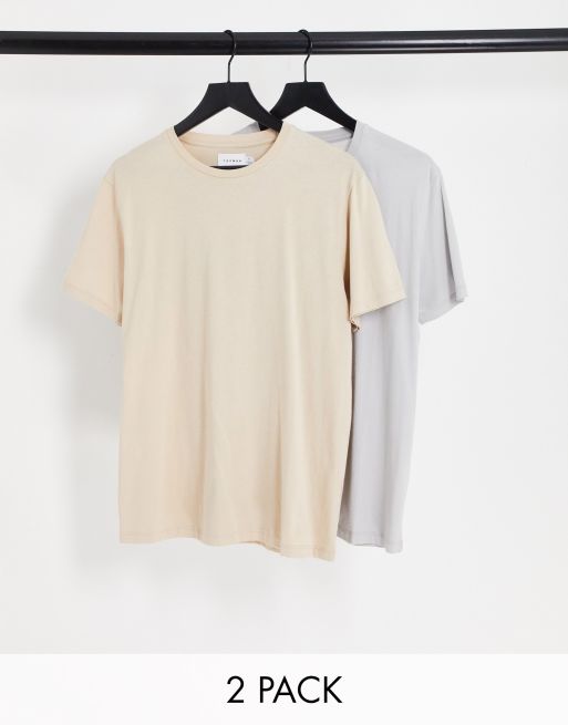 Topman – T-Shirts in Stein und Hellgrau im 2er-Pack in regulärer Passform