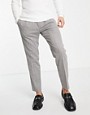 Topman skinny taper check trousers in stone with pleat-Brown