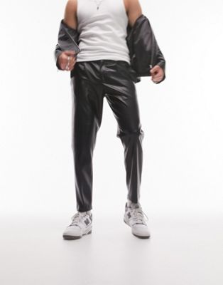 Topman taper faux leather trousers in black