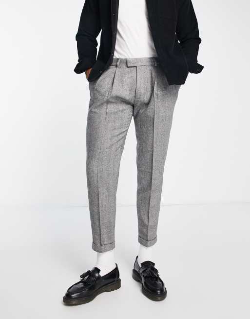 Topman taper herringbone wool mix pants with turn up in grey | ASOS