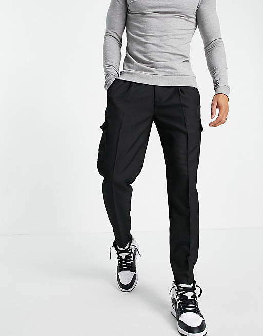 Topman tapered cargo trousers in black