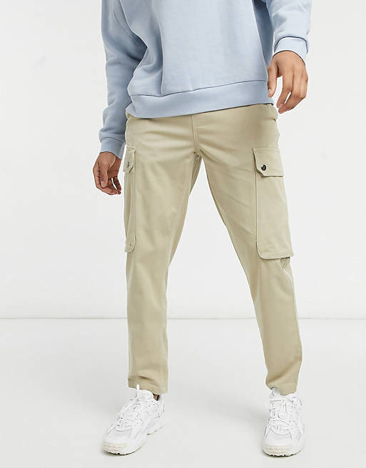 Men Topman tapered cargo trousers in stone 