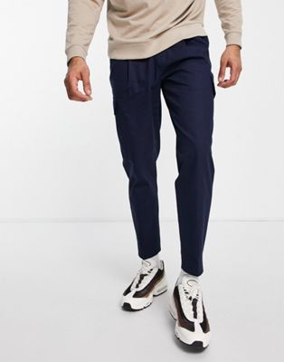 Topman tapered cargo trousers with pleats in navy