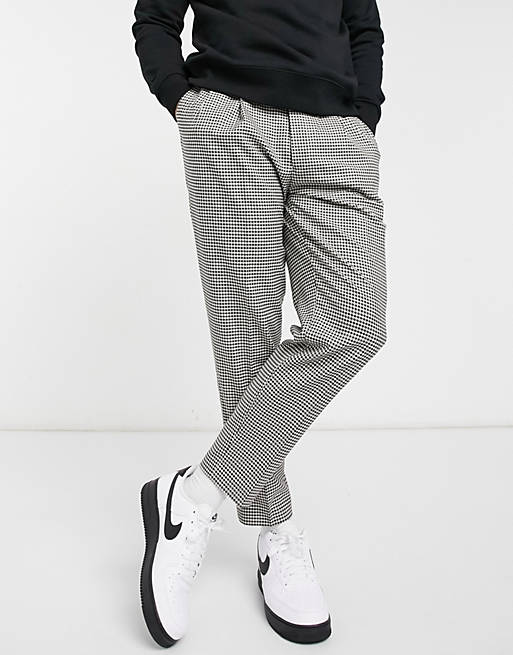 Men Topman tapered check trousers in black and white 