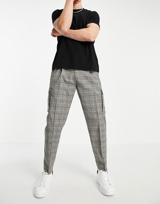Topman tapered checked cargo trousers in grey