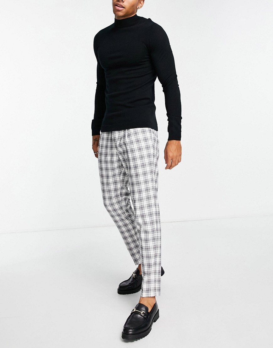 Topman tapered checked pants in black and white