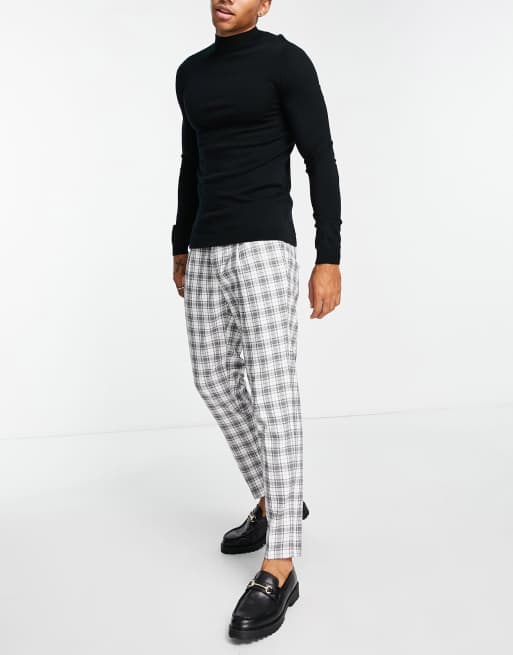 Topman tapered checked trousers in black and white