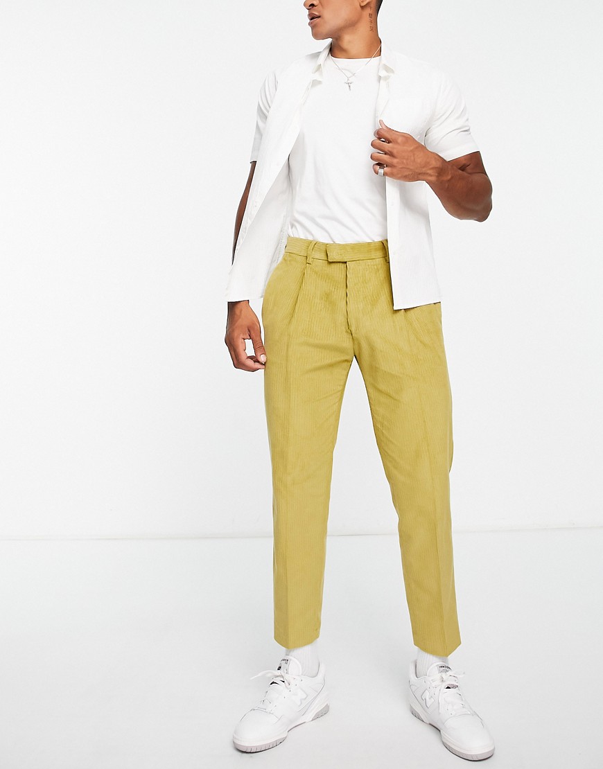 Topman tapered cord trousers in green