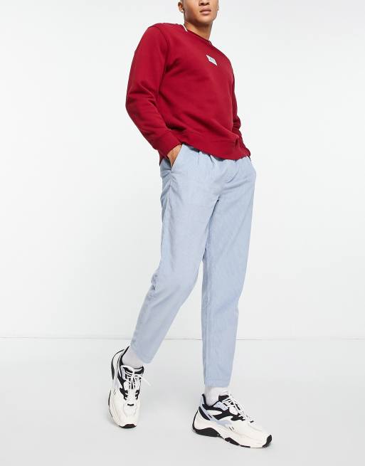 Topman tapered cord trousers with elasticated waist band in blue