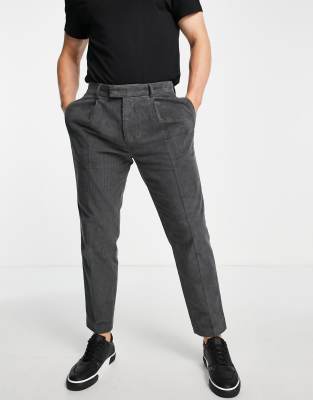 Topman Tapered Corduroy Pants In Charcoal-grey