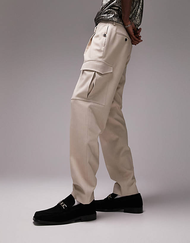Topman - tapered herringbone cargo trousers in off white