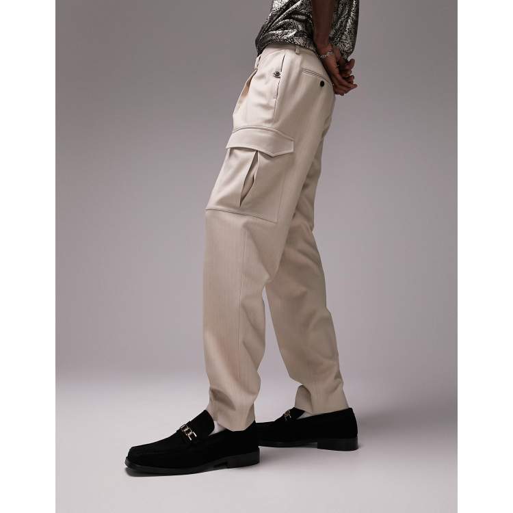 Topman tapered herringbone cargo trousers in off white | ASOS