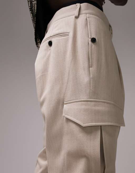 Herringbone Wide Leg Cargo Trousers