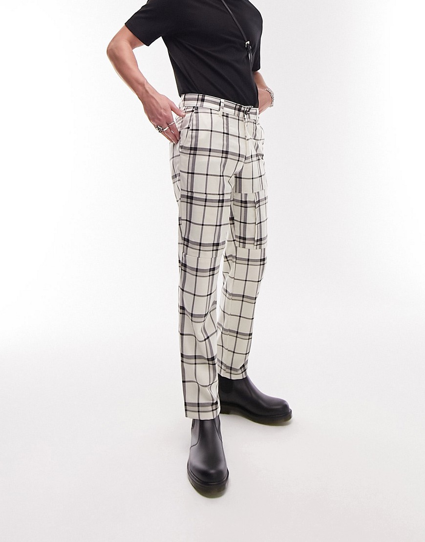 Topman tapered large checked pants in off white-Neutral
