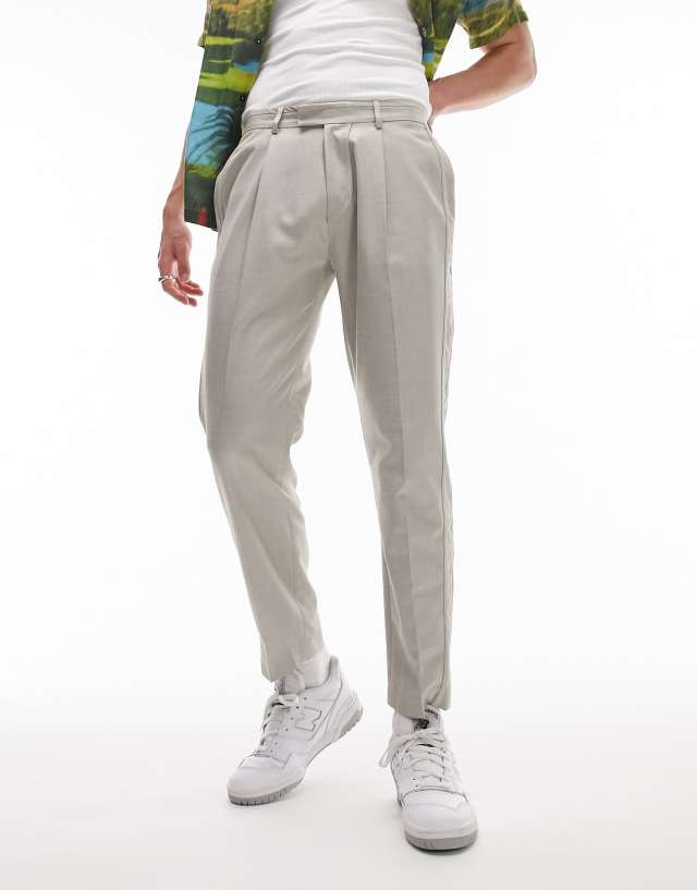 Topman - tapered linen blend mix trousers in stone