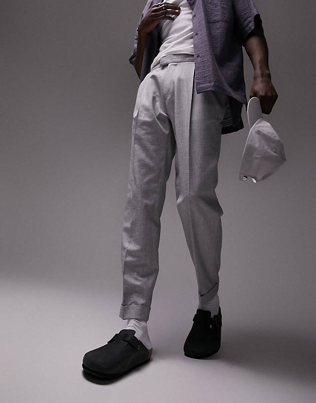 Topman - tapered linen mix trousers in grey