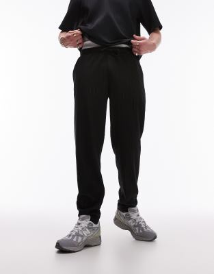 Topman Tapered Plissé Pants In Black