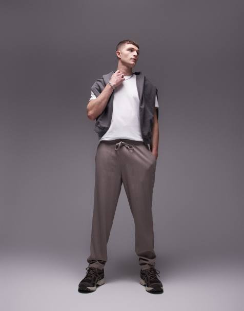 Topman tapered plisse pants in stone - view 1