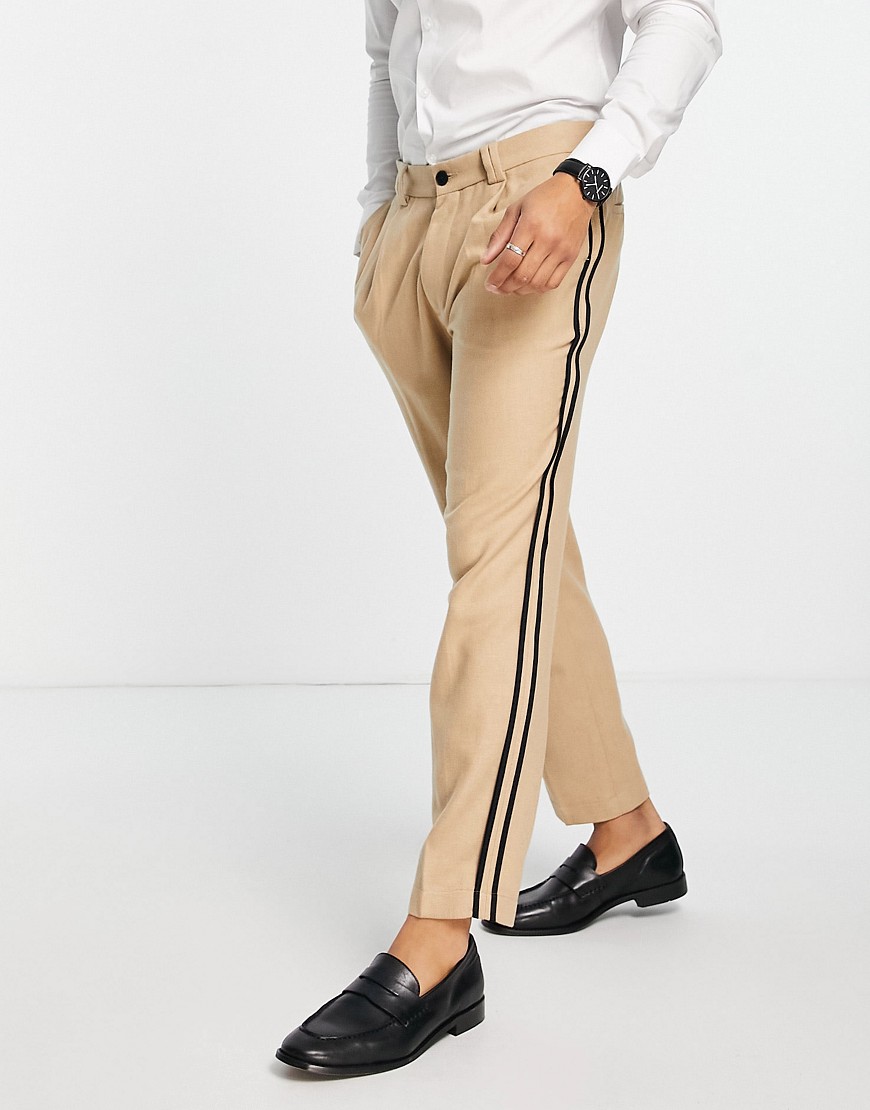 Topman tapered side seam warm handle pants with pleat in stone-Neutral