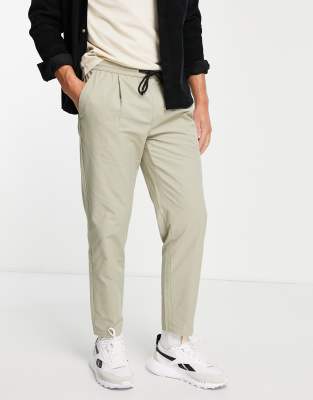 Topman Premium tapered wool mix elasticized waist pants in khaki