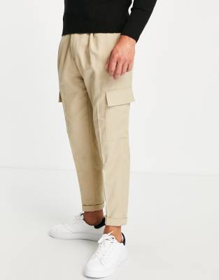 Topman Topman tapered twill cargo trousers in stone-Neutral