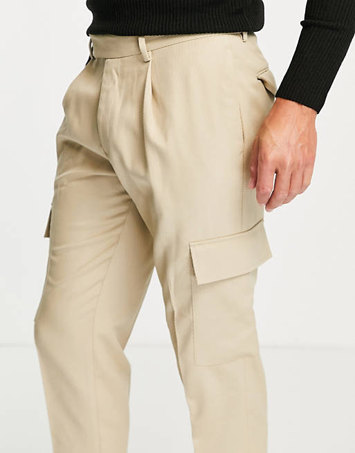  Topman tapered twill cargo trousers in stone 