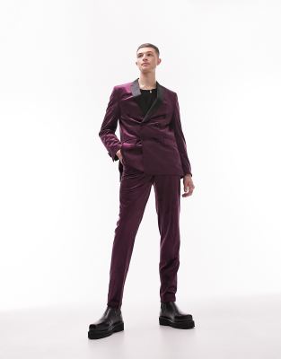 Topman Tapered Velevet Suit Pants In Purple