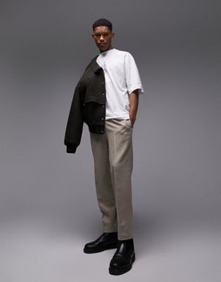 Topman tapered wool mix trousers in stone