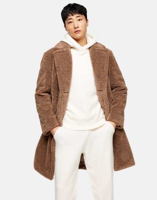 Topman teddy fleece coat in brown, ASOS