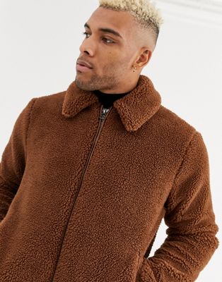 Topman teddy fleece coat in brown, ASOS