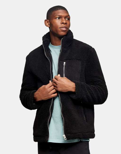 Regular Fit Teddy Fleece Jacket - Black - Men