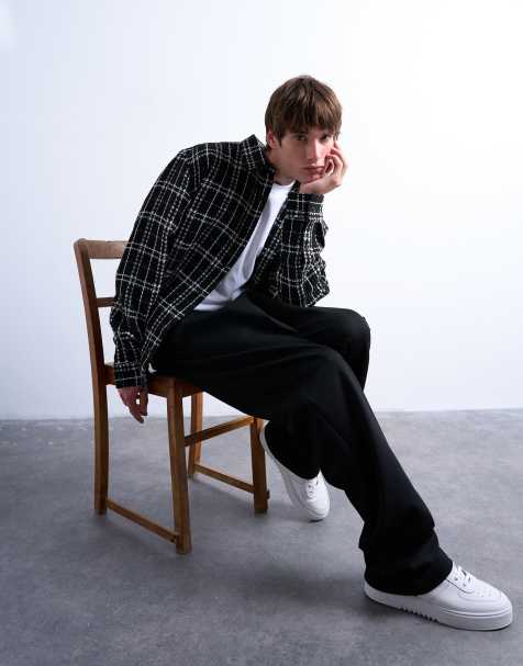 Topman regular fit textured check overshirt in black