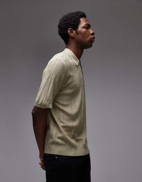 Topman knitted short sleeve1/4 zip textured polo shirt in sage