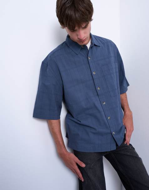 Topman short sleeve boxy textured shirt in mid blue