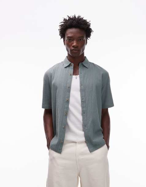 Topman relaxed fit short sleeve textured shirt in sage