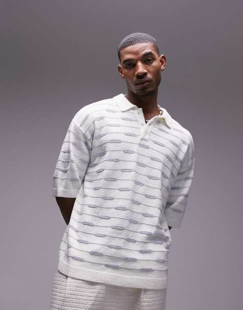 Topman terrycloth revere geo polo in ecru - view 1